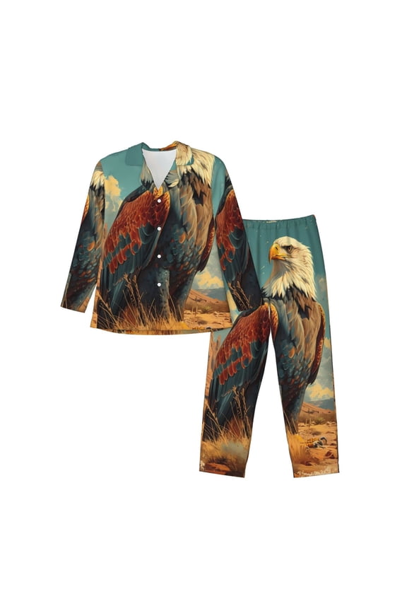Western Desert Cactus Bald Eagle Print Pajamas Set Mens Pajamas Long Sleeve Loungewear Two-Piece Sleepwear Button-Down Pjs Set,2PJS-Small