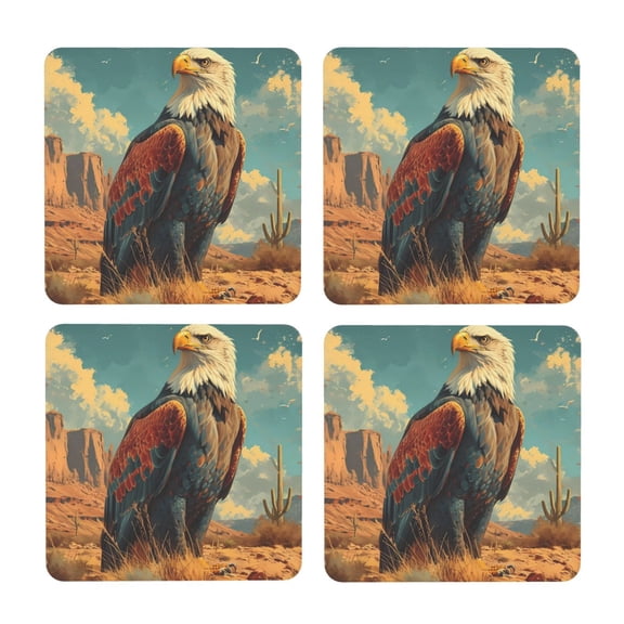 Xecao Western Desert Cactus Bald Eagle for MDF Cork Coaster 4 Pcs,Drink Coasters,Suit for House Warming Gifts New Home ,Coffee Table Decor-Square