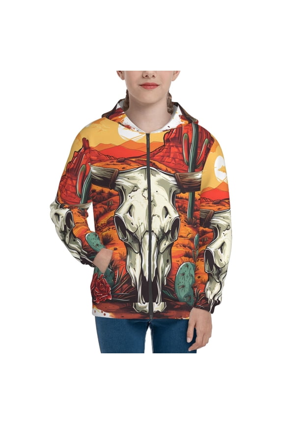 Western Desert Cactus Ram Skull Pattern Zip Up Hoodies for Boys Girls, Sweatshirt with Pockets-Small