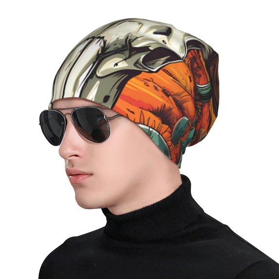Xecao Western Desert Cactus Ram Skull Print Beanie Knitted Hat for Men Women, Winter Fashion Knit Cuffed Caps Unisex