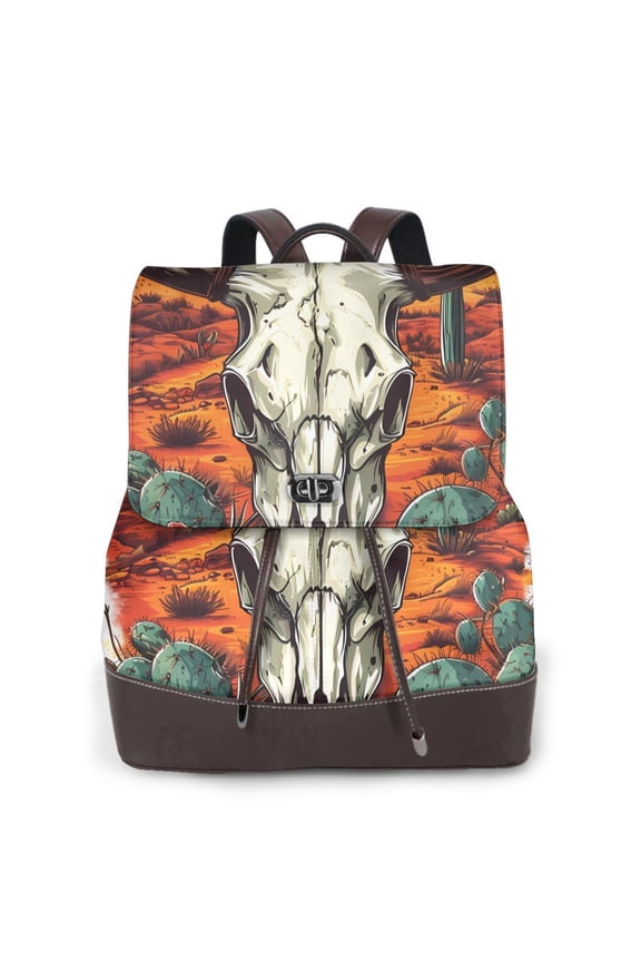 Western Desert Cactus Ram Skull Print Large Backpack Soft Leather for Women Travel with Compartment, Adjustable Convertible Strap