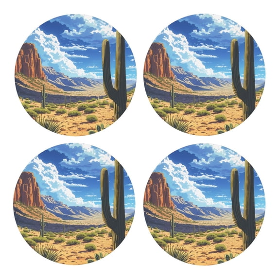 Xecao Western Desert Cactus for MDF Cork Coaster 4 Pcs,Drink Coasters,Suit for House Warming Gifts New Home ,Coffee Table Decor-Round Shape