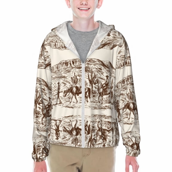 Xecao Western Desert Cowboys2 Print Fishing Shirts for teenager Long Sleeve UV Sun Protection Hoodie with Zipper Outdoor Hiking Shirts-Large