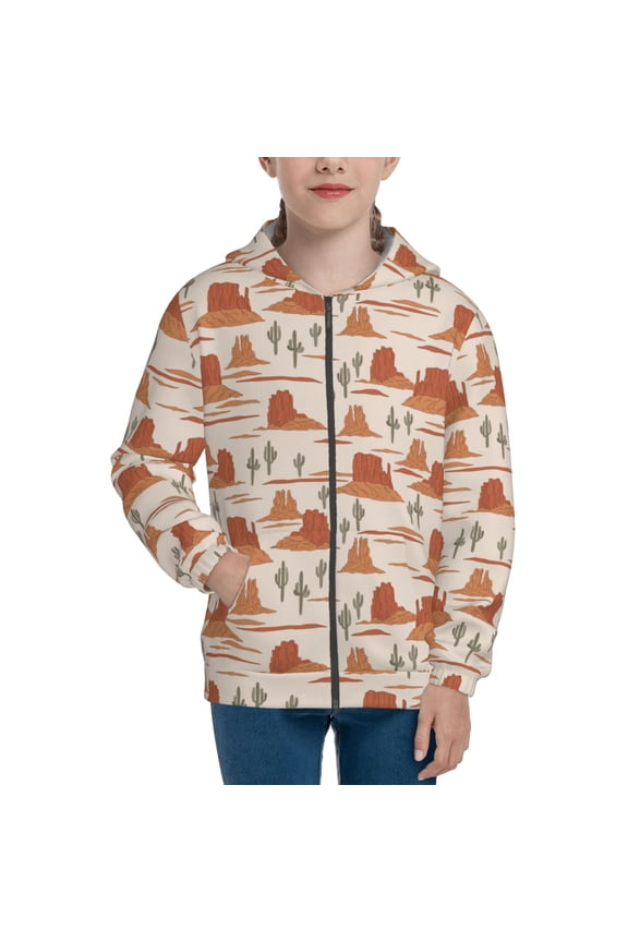 Western Desert Nature Landscape Pattern Zip Up Hoodies for Boys Girls, Sweatshirt with Pockets-Small