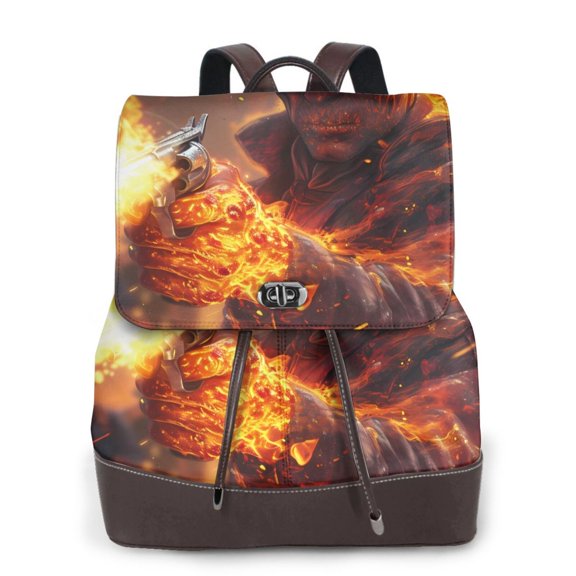 Xecao Western Fire Cowboy Print Large Backpack Soft Leather for Women Travel with Compartment, Adjustable Convertible Strap