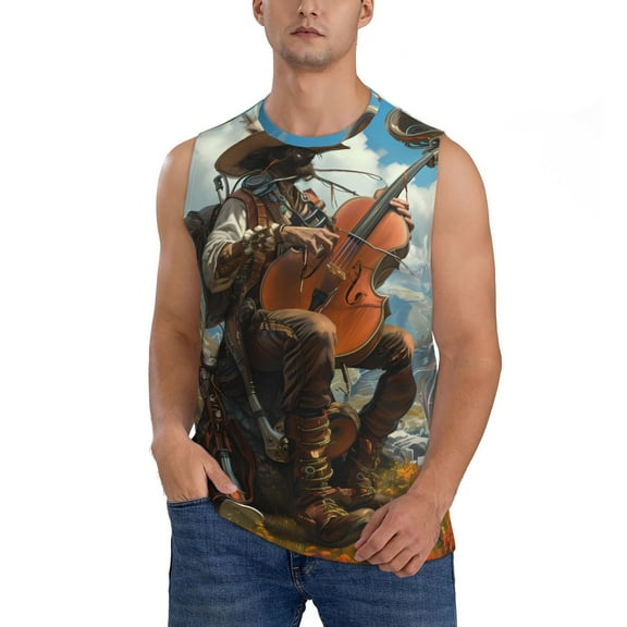 Xecao Western Guitar Cowboy Print Men's Tank Top: Sleek Sleeveless Tee for Casual Sports and Beach Occasions-X-Large