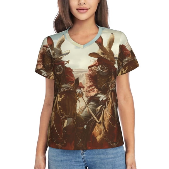 Xecao Western Rabbit Cowboy for Women's V-Neck T-Shirts-Elegant Half-Sleeve Tops Perfect for Summer-3X-Large