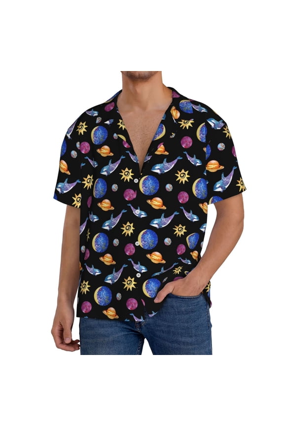 Whales In Space Men's Casual Short-sleeved Shirt, a button-up collared shirt with a pocket-XX-Large
