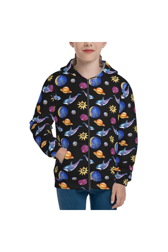 Whales In Space Pattern Zip Up Hoodies for Boys Girls, Sweatshirt with Pockets-Small