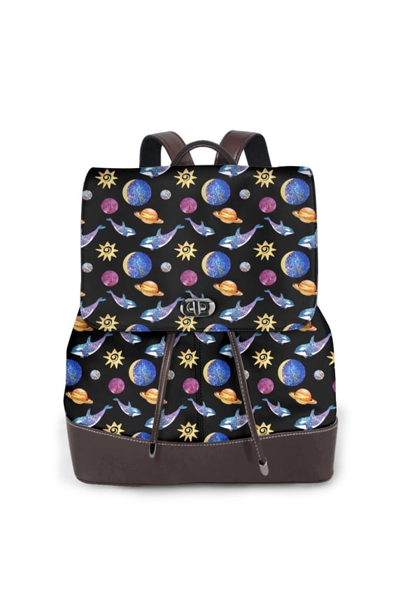 Whales In Space Print Large Backpack Soft Leather for Women Travel with Compartment, Adjustable Convertible Strap