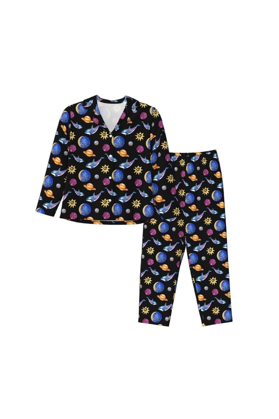 Whales In Space Print Women Pajamas Set Soft Sleepwear Pjs long Sleeve Button Down Nightwear with Long Pants