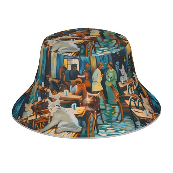 Xecao Whimsical Cats Night Cafe Print Men and Women Night Reflective Hat Runner Cap Visor Bucket Hat Boonie Cap