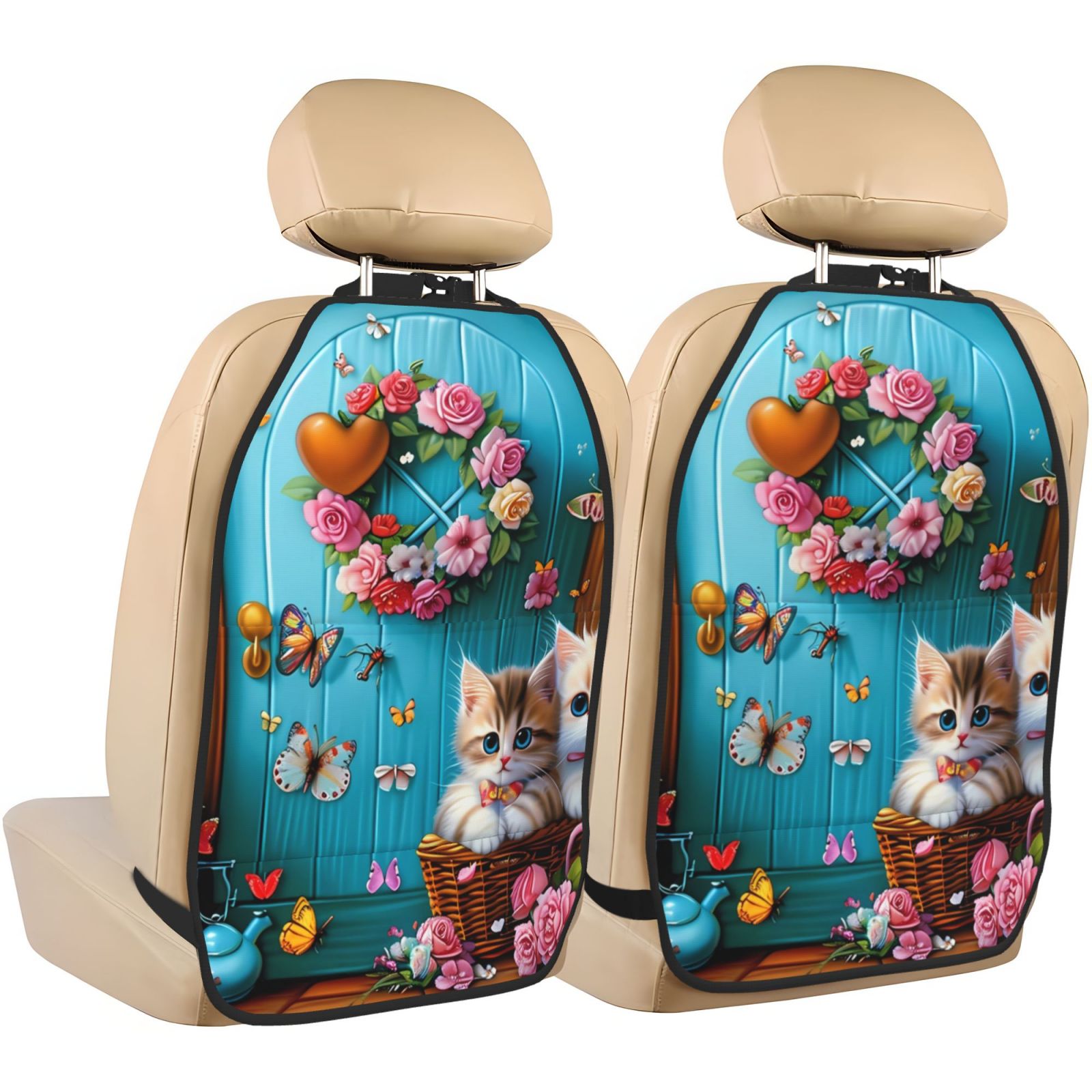 Xecao Whimsical Cats and Flowers Scene Pattern Car Seat Back Protector 2 Pack Large Capacity Pocket, Kick Mats Back Seat Protector