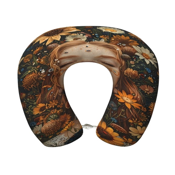 Xecao Whimsical Flower Crown Maiden Print Memory Foam Cervical Neck Pillow Versatile U-Shaped Pillows for Home,Office,Camping,Travelling,Soft Washable Cover