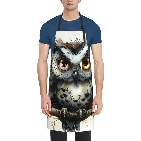 Xecao Whimsical Owl On Branch Print Kitchen Cooking Aprons, Waterproof Adjustable Bib Aprons with 2 Pockets for Women Men Chef