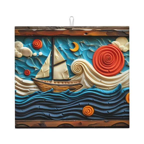 Xecao Whimsical Sailboat Ocean Art Print Dish Drying Mat for Kitchen Counter,Absorbent Coffee Bar Mat, Dish Drainer Rack Mats,Dining Room Decoration