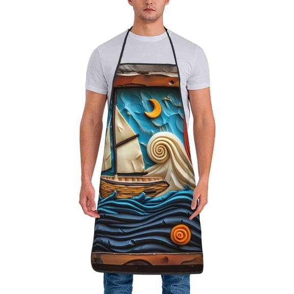 Xecao Whimsical Sailboat Ocean Art Print Funny BBQ Chef Aprons for Men Women,Adjustable Kitchen Cooking Aprons with Pocket Waterproof Oil Proof No Pilling Fading