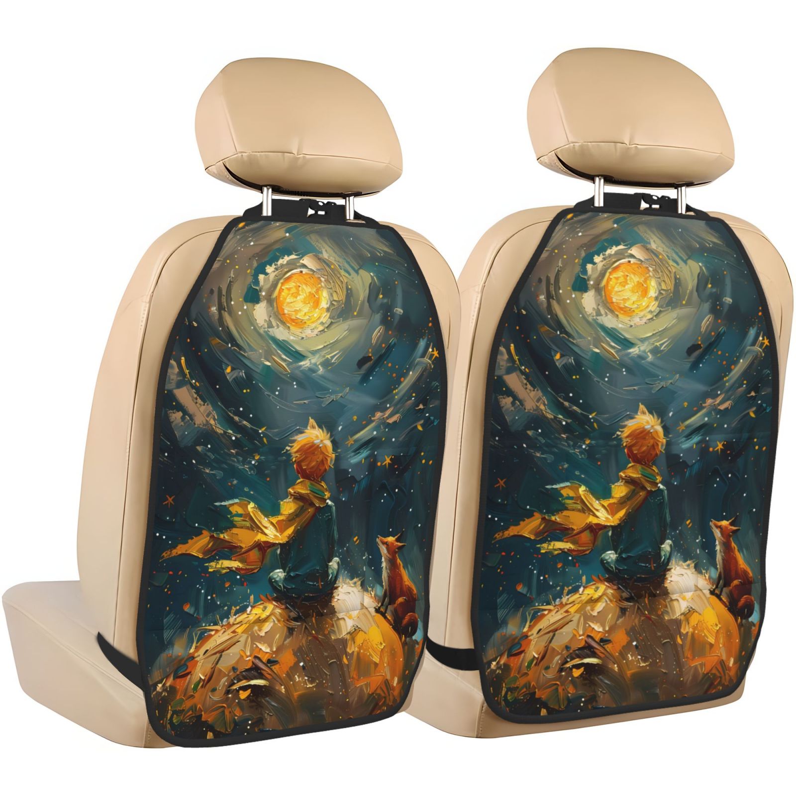 Xecao Whimsical Starry Night Scene Pattern Car Seat Back Protector 2 Pack Large Capacity Pocket, Kick Mats Back Seat Protector