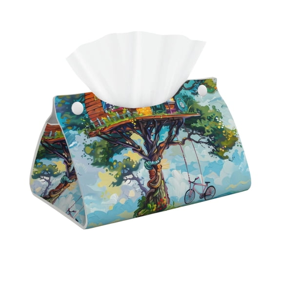 Xecao Whimsical Treehouse Painting Print Tissue Box Cover,Modern PVC Leather Square Tissue Box Holder for Creative Decorative