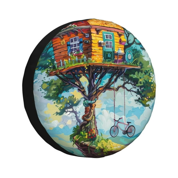Xecao Whimsical Treehouse Painting for Tire Covers,Wheel Tire Cover Waterproof, Dust-Proof, And Universally Fitting for Cars,Trailers, SUVs-14 inch