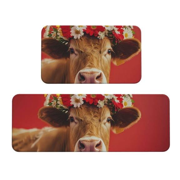 Xecao White And Red Daisy Cow Patten Kitchen Rugs and Mats Sets,2 Pieces Non-Slip Washable Rugs, Kitchen Mat for Floor,Suit for Kitchen Decor and Accessories