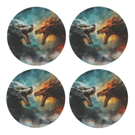 Xecao White And Red Sketch Dragon for MDF Cork Coaster 4 Pcs,Drink Coasters,Suit for House Warming Gifts New Home ,Coffee Table Decor-Round Shape