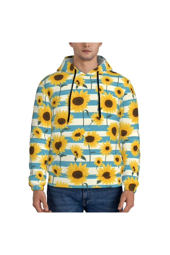 White Blue Striped Sunflower Pattern Men's Adult Pullover Hoodie,Hooded Sweatshirt-Large