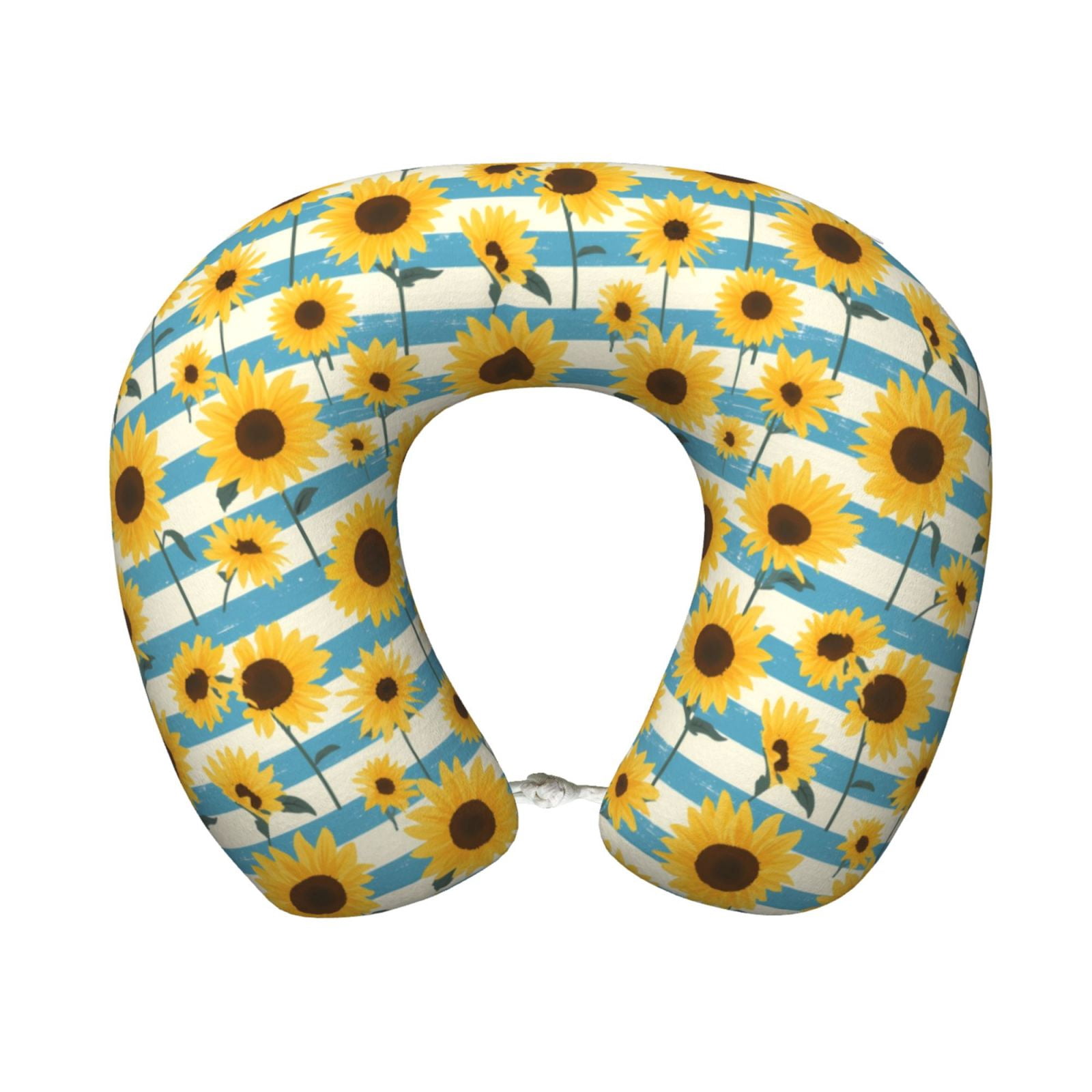 Xecao White Blue Striped Sunflower Print Memory Foam Cervical Neck Pillow Versatile U-Shaped Pillows for Home,Office,Camping,Travelling,Soft Washable Cover