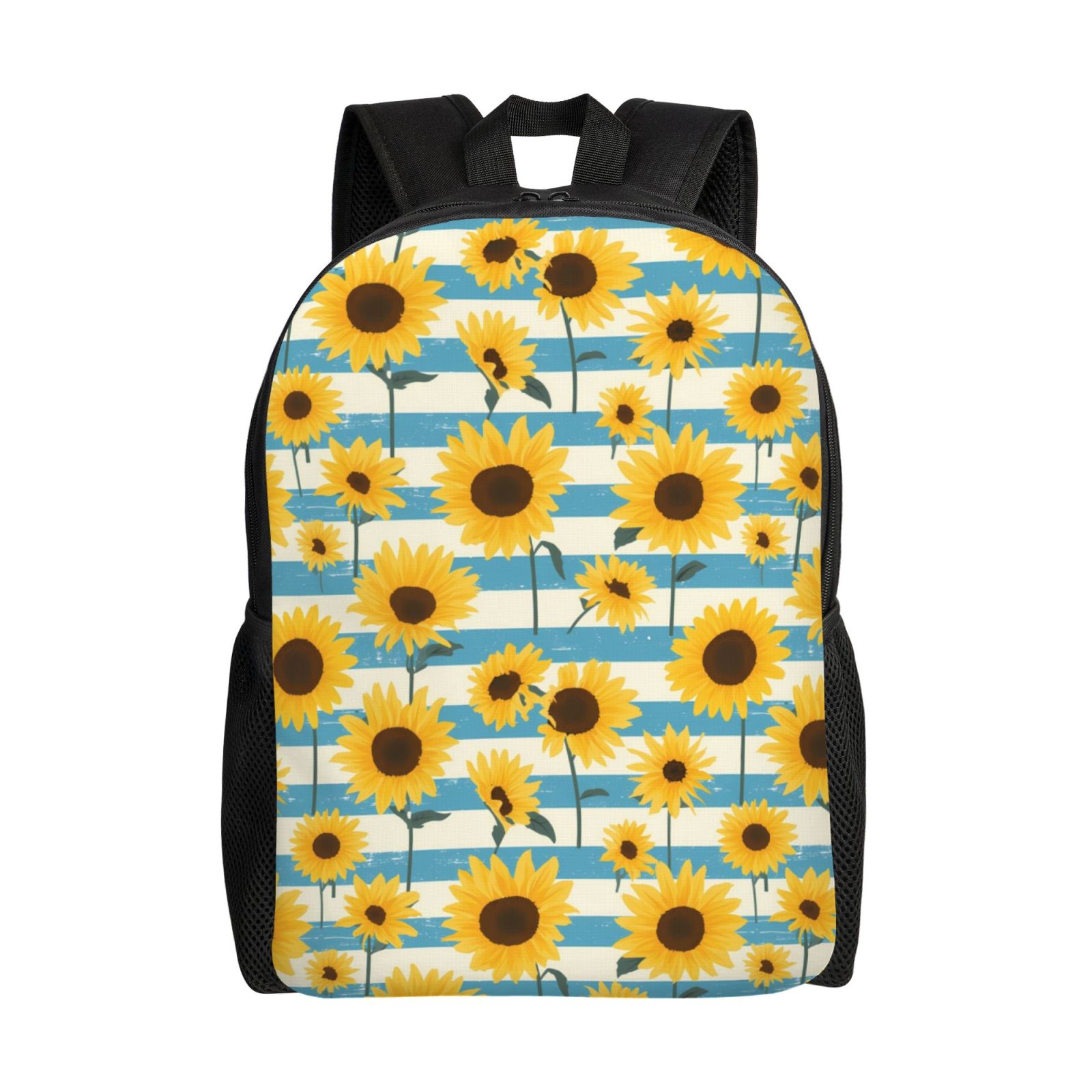 Xecao White Blue Striped Sunflower Print School Backpack with Laptop Compartment Small Travel Laptop Backpack for Women Men Waterproof College Backpack Simple School Bag