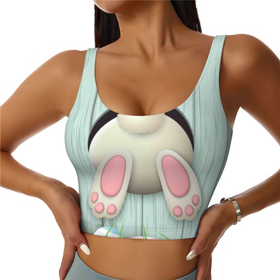 Xecao White Bunny Bottom And Easter Eggs for Sports Bra with Removable Pads, Crop Tank Top Design, Women's Longline Sports Bra - Non-Wired - Medium