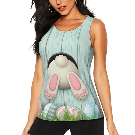 Xecao White Bunny Bottom And Easter Eggs print women's scoop neck, loose-fit workout tank tops for the gym.