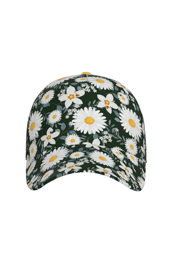 White Daisies and Bee for Baseball Cap: Unisex, crafted from classic polyester twill fabric, featuring a soft unconstructed design