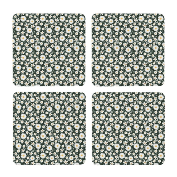 Xecao White Daisies and Bee for MDF Cork Coaster 4 Pcs,Drink Coasters,Suit for House Warming Gifts New Home ,Coffee Table Decor-Square