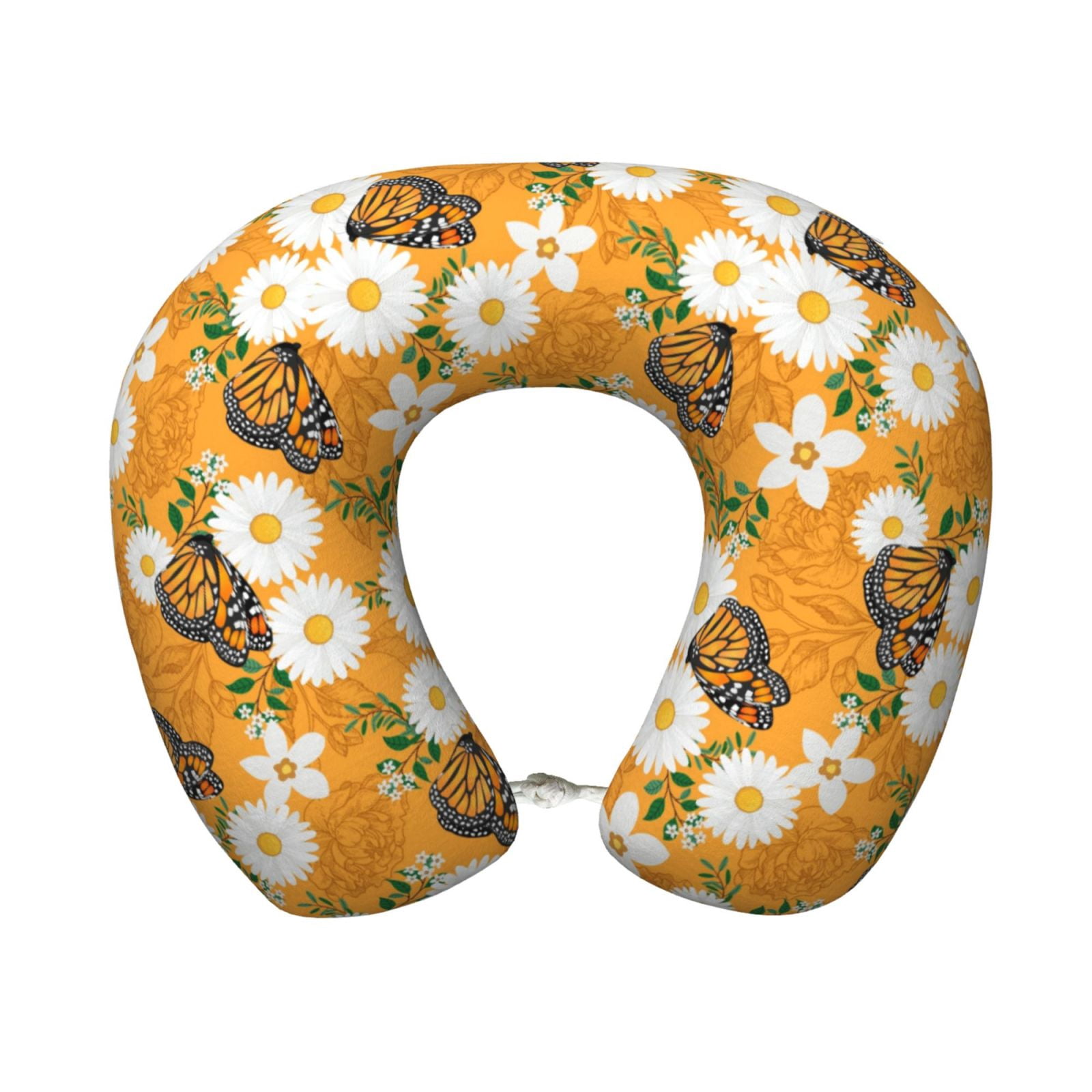 Xecao White Floral and Butterflies Print Memory Foam Cervical Neck Pillow Versatile U-Shaped Pillows for Home,Office,Camping,Travelling,Soft Washable Cover