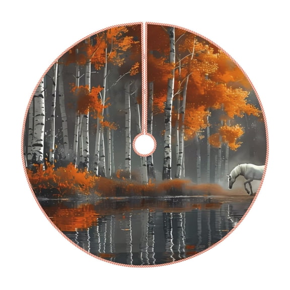 Xecao White Horse Autumn Birch Pattern Christmas Tree Skirt Round Xmas Tree Mat Base Cover for Holiday Home Decorations-36"