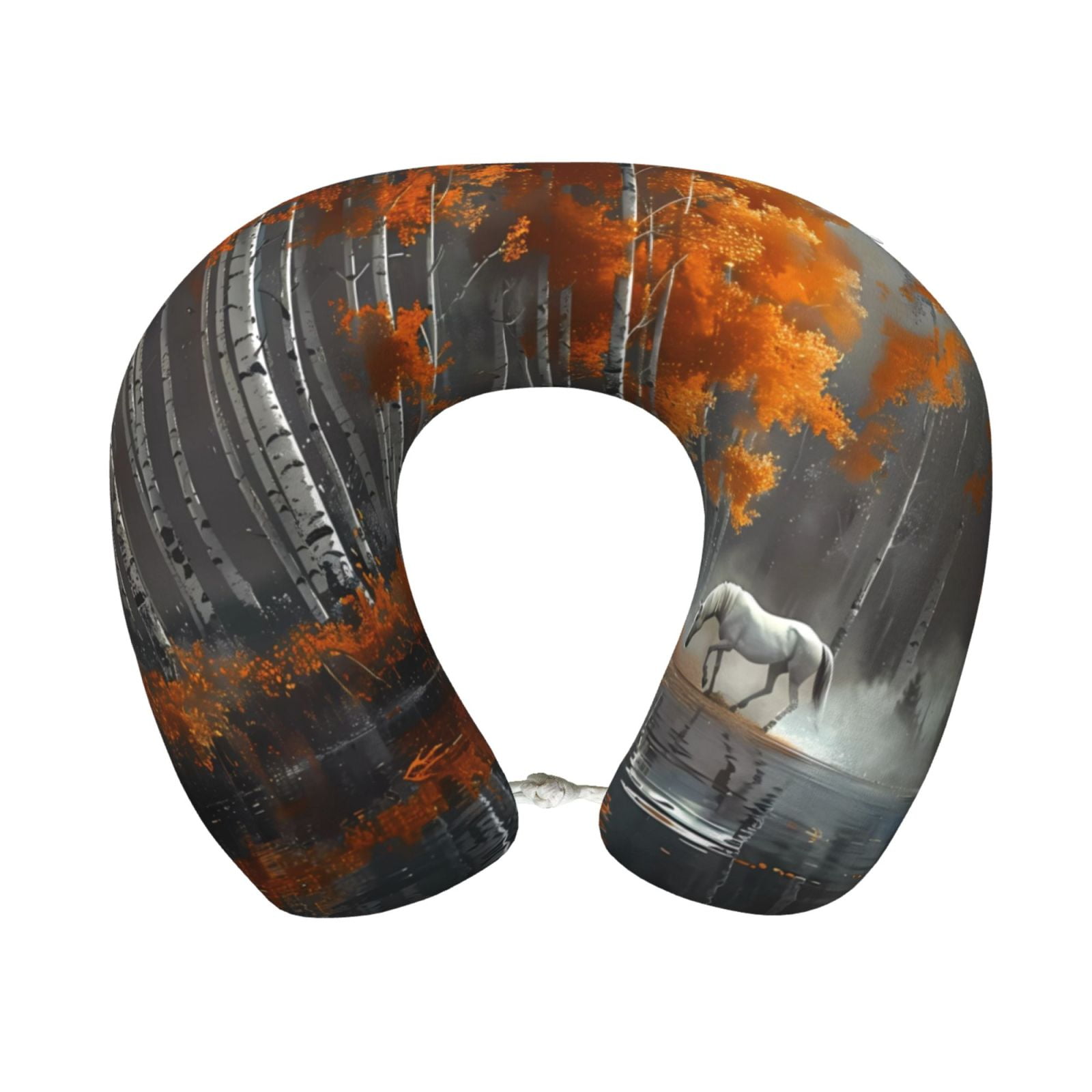 Xecao White Horse Autumn Birch Print Memory Foam Cervical Neck Pillow Versatile U-Shaped Pillows for Home,Office,Camping,Travelling,Soft Washable Cover
