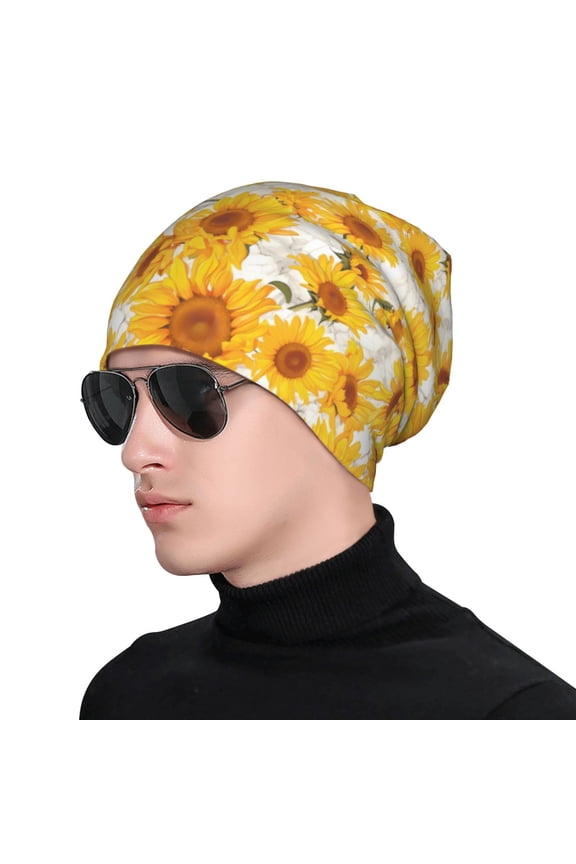 White Marble Pattern Sunflower Print Beanie Knitted Hat for Men Women, Winter Fashion Knit Cuffed Caps Unisex