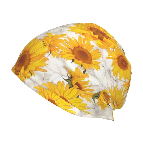 Xecao White Marble Pattern Sunflower Print Knit Hat,Winter Beanie for Men Women, Beanie Soft Warm Ski Stocking Cuffed Cap