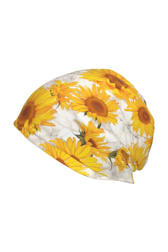 White Marble Pattern Sunflower Print Knit Hat,Winter Beanie for Men Women, Beanie Soft Warm Ski Stocking Cuffed Cap