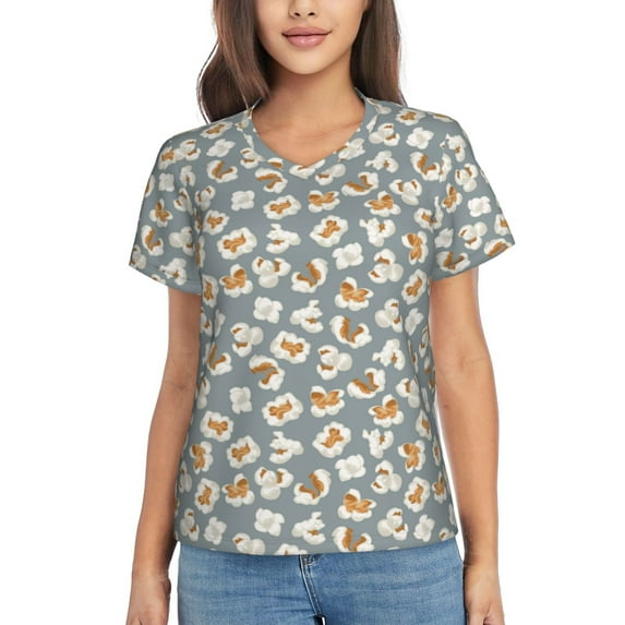 Xecao White Popcorn for Women's V-Neck T-Shirts-Elegant Half-Sleeve Tops Perfect for Summer-3X-Large