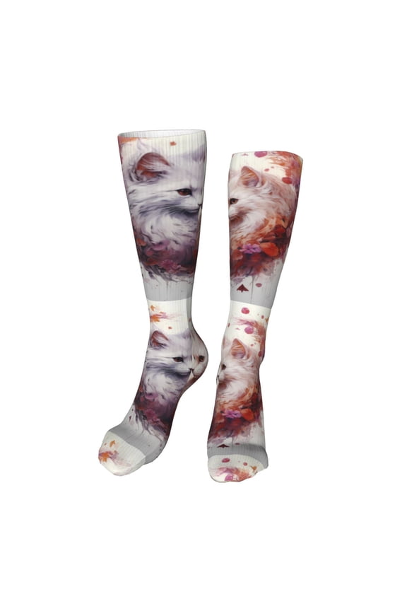 White Red Cat Couple Print Calf Socks Seamless Toe, Knee High Long Socks, Sports Socks Trouser Socks for Women and Men-One Size