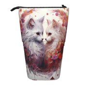 Xecao White Red Cat Couple Print Telescopic Pencil Bag Pen Holder Pop Up Stationery Case Stand-up Retractable Transformer Bag Standing Organizer