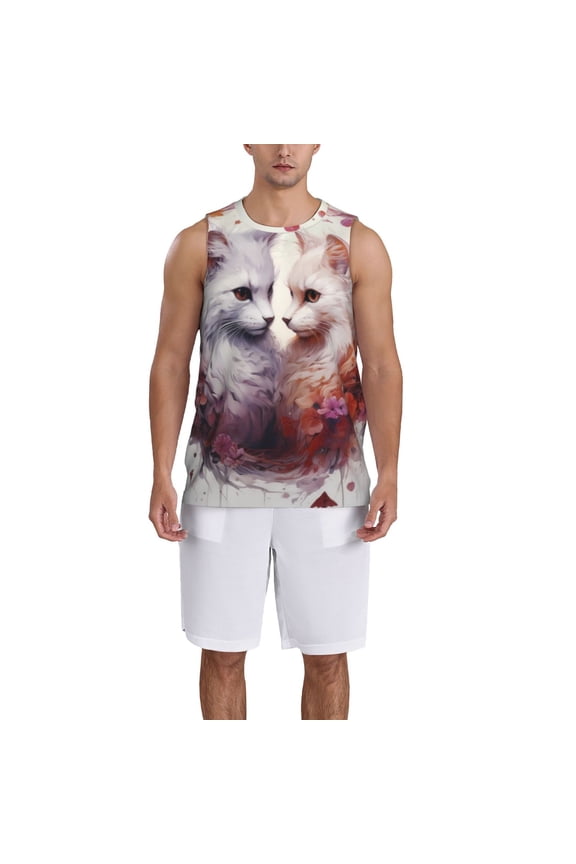 White Red Cat Couple print basketball shirt for both men and women, a unisex basketball jersey perfect for theme parties-Small