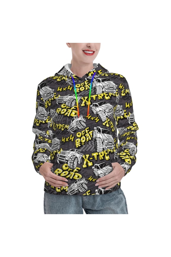 White Retro Off-Road Vehicle Pattern Hoodies for Women Sweatshirts Long Sleeve Sweatshirts Pullover Outfits with Pocket-X-Large