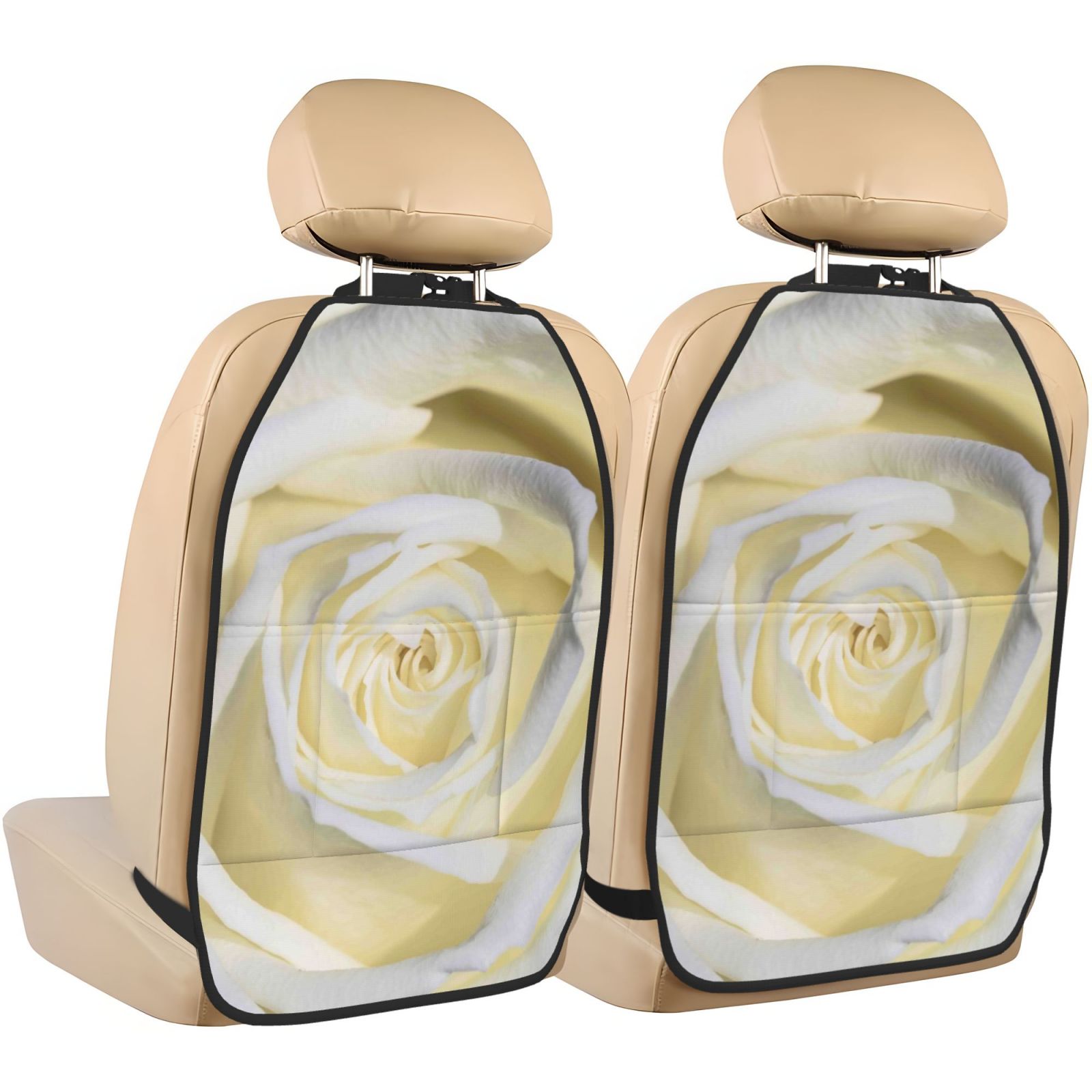 Xecao White Rose Pattern Car Seat Back Protector 2 Pack Large Capacity Pocket, Kick Mats Back Seat Protector
