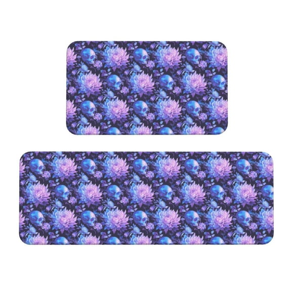 Xecao White Skull Flower Patten Kitchen Rugs and Mats Sets,2 Pieces Non-Slip Washable Rugs, Kitchen Mat for Floor,Suit for Kitchen Decor and Accessories