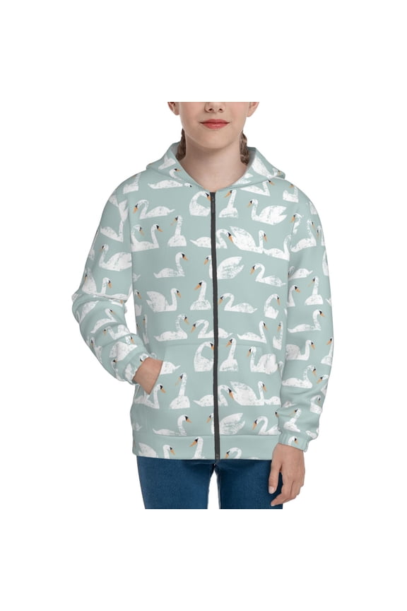 White Swan Pattern Zip Up Hoodies for Boys Girls, Sweatshirt with Pockets-Medium