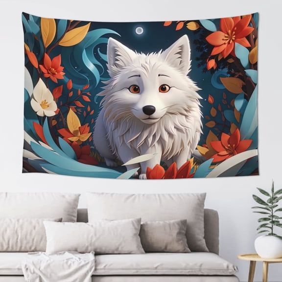 Xecao White Wolf With Flowers Print Tapestry, Wall Hanging Room Funny Decor, Backdrop Room Decor for Bedroom Living Room dormitory