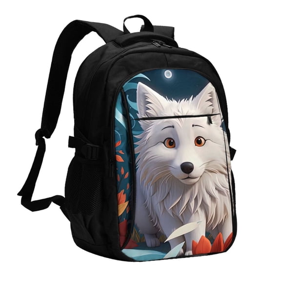 Xecao White Wolf With Flowers for Travel Laptop Backpack, USB-Charging-Enabled, Spacious Business Backpack for Men and Women,College School Computer Bag