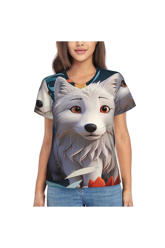 White Wolf With Flowers for Women's V-Neck T-Shirts-Elegant Half-Sleeve Tops Perfect for Summer-Medium